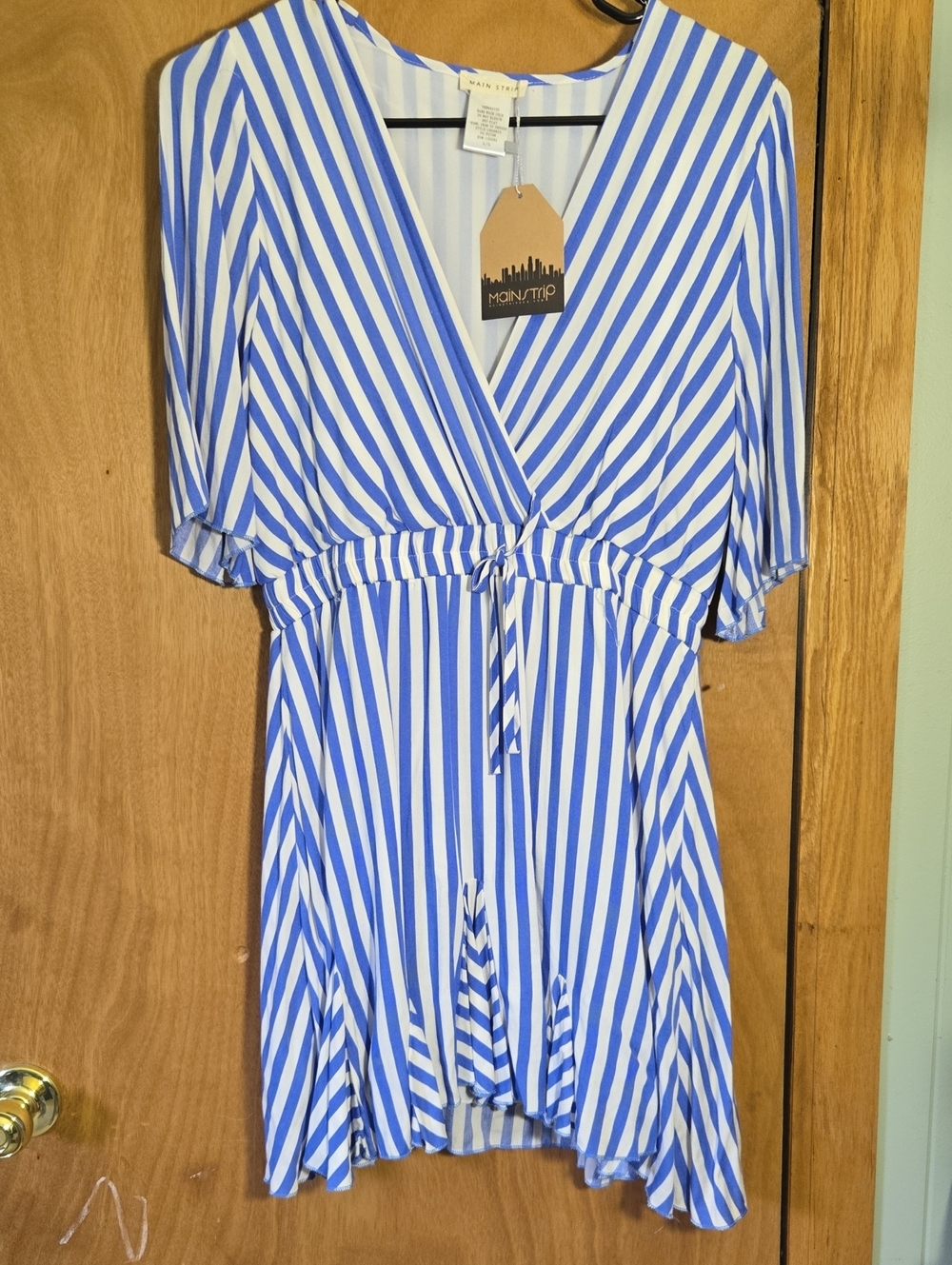 Main Strip Blue and White Striped Wrap Midi Dress with Tie Waist